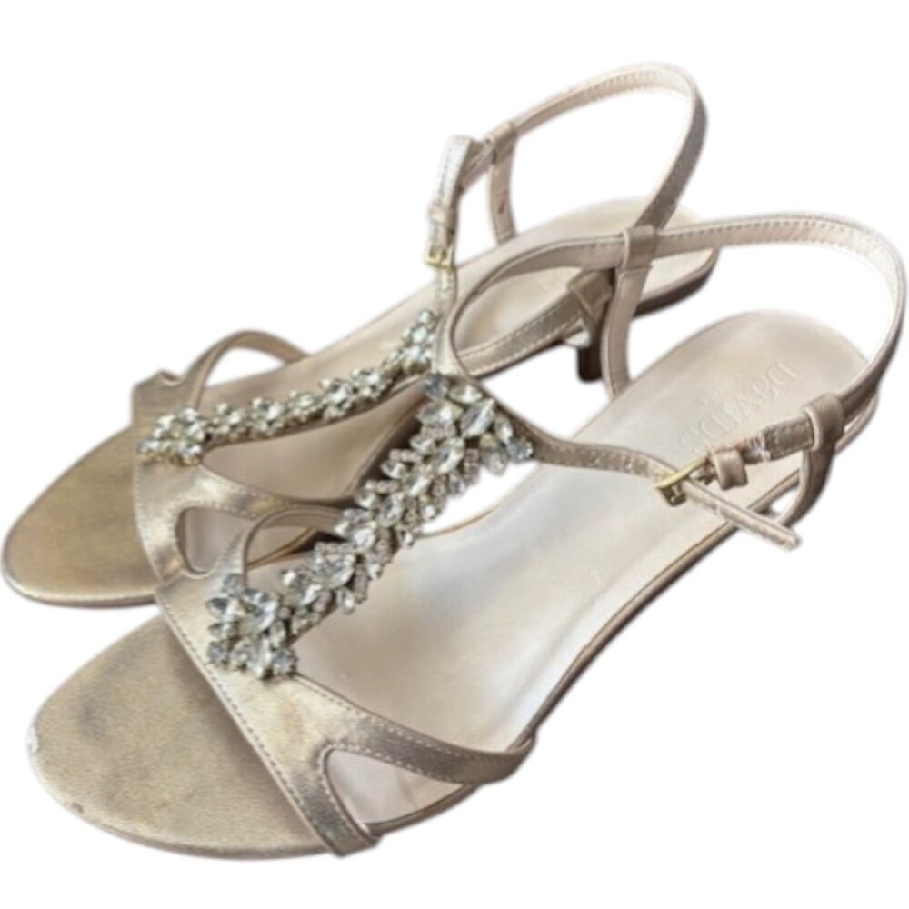 David's Bridal Karina Crystal T-Strap Low Heel Sandal - Champagne- 9M